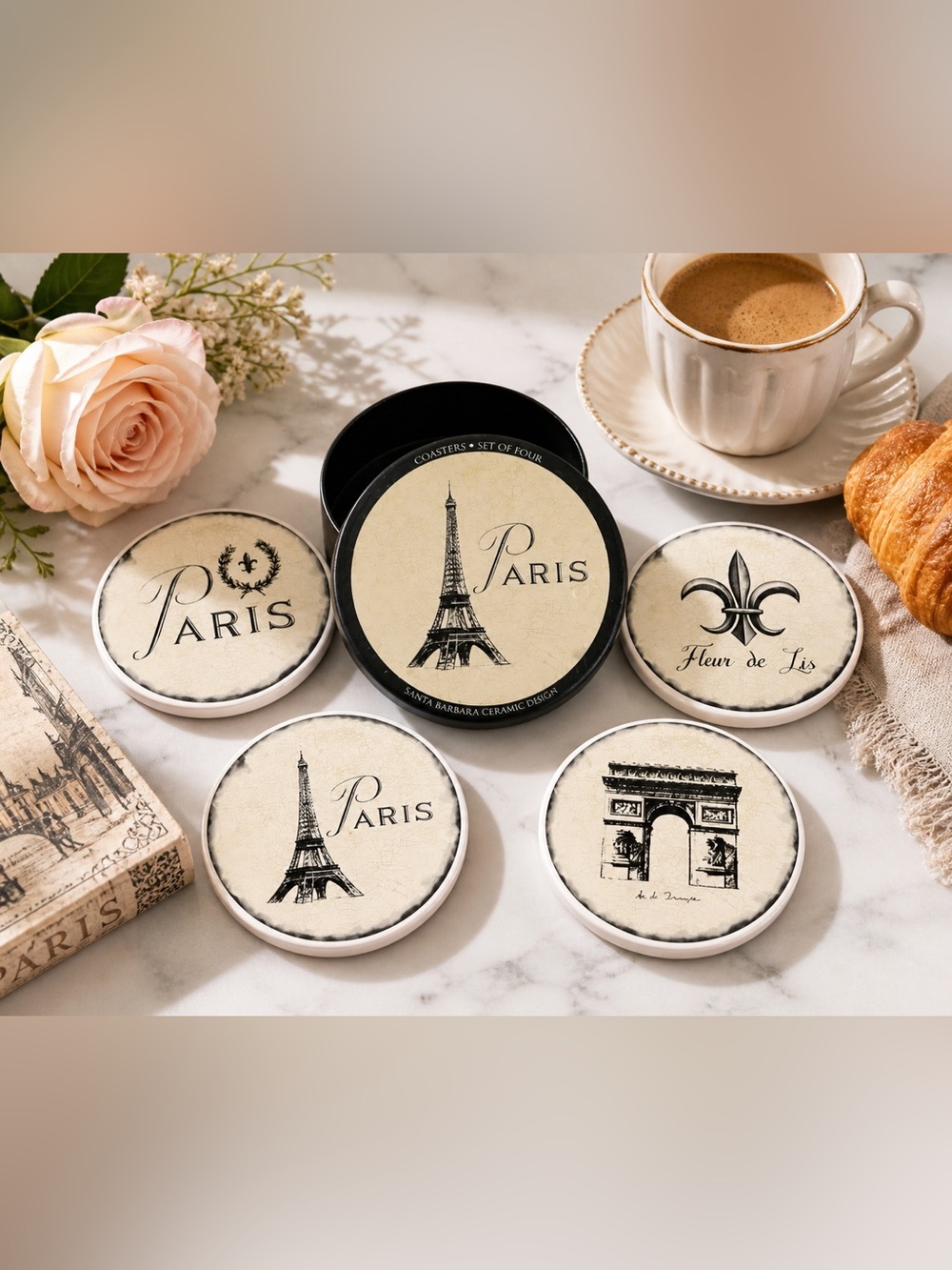 Paris Ceramic Coaster Set with Black Holder - Cream & Black